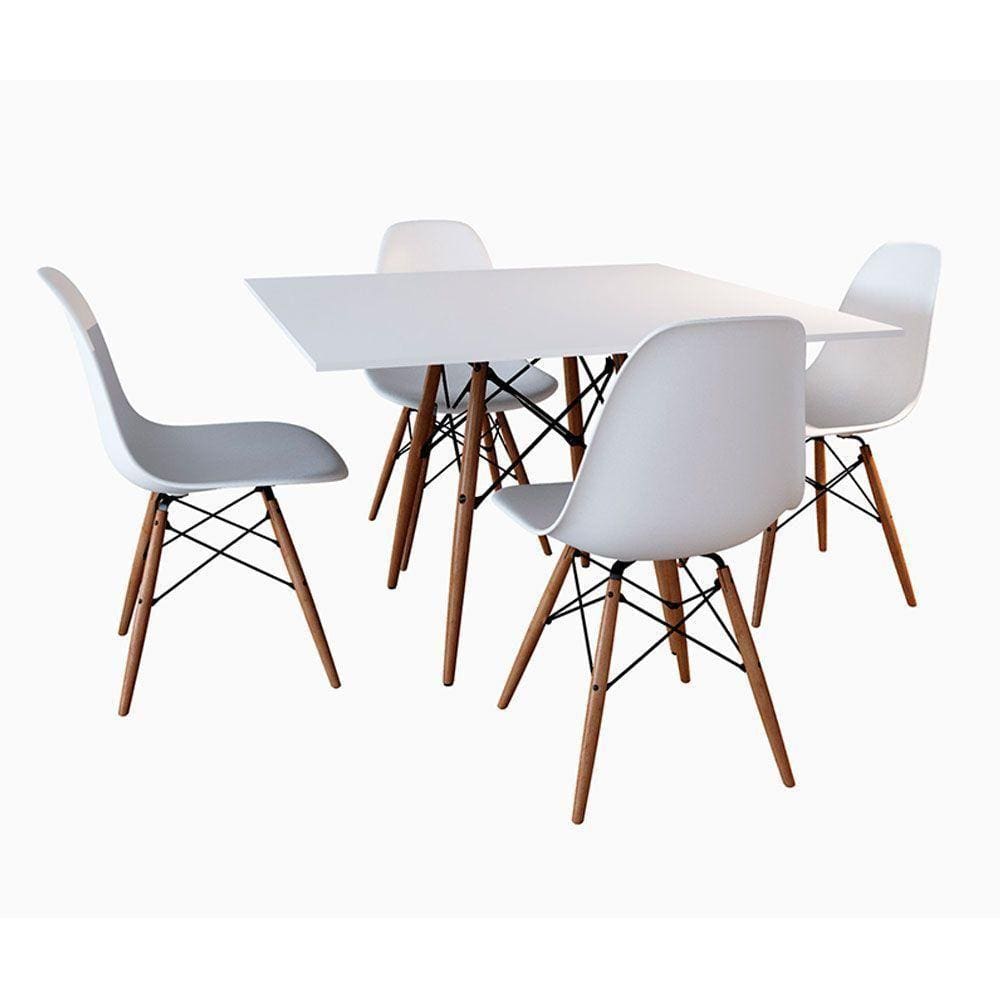 Conjunto De Mesa De Jantar Quadrada 90Cm Tampo De Madeira Branco Com 4 Cadeiras Brancas