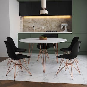Mesa Jantar Redonda 110Cm Branca Clips 3 Pés Com 5 Cadeiras Pretas Base Cobre - Cor: Branco