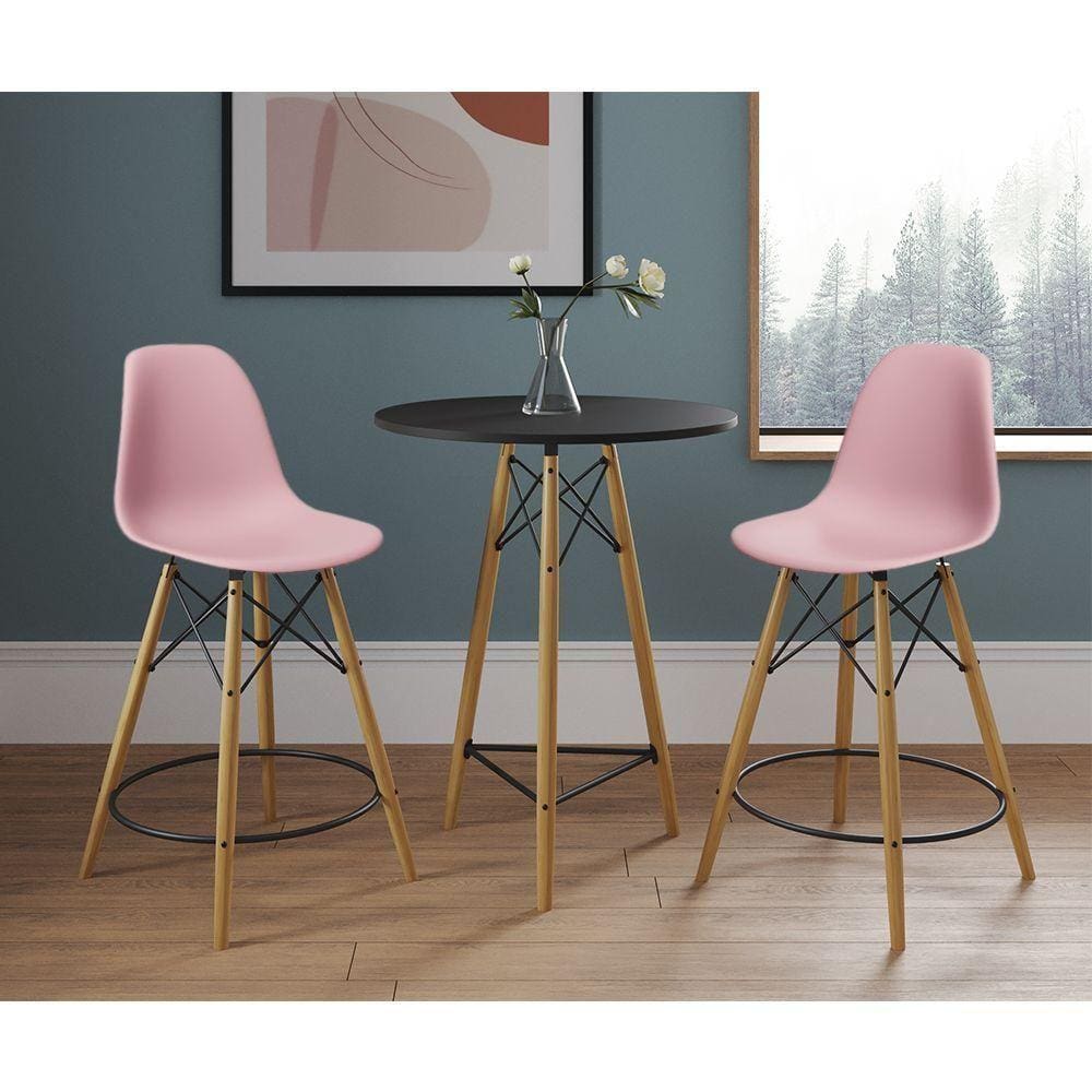 Mesa Bistrô Eames Eiffel Preta Com 2 Banquetas Rosas De Madeira - Cor: Preto