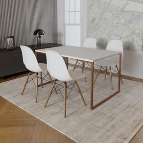 Mesa Industrial Base Ferro Cobre Tampo 137X90 Branco 4 Cadeiras Madeira Assento Branco Branco