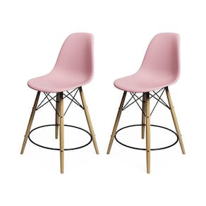 Kit 2 Banquetas Eames Eiffel De Madeira Assento Rosa Claro - Cor: Rosa