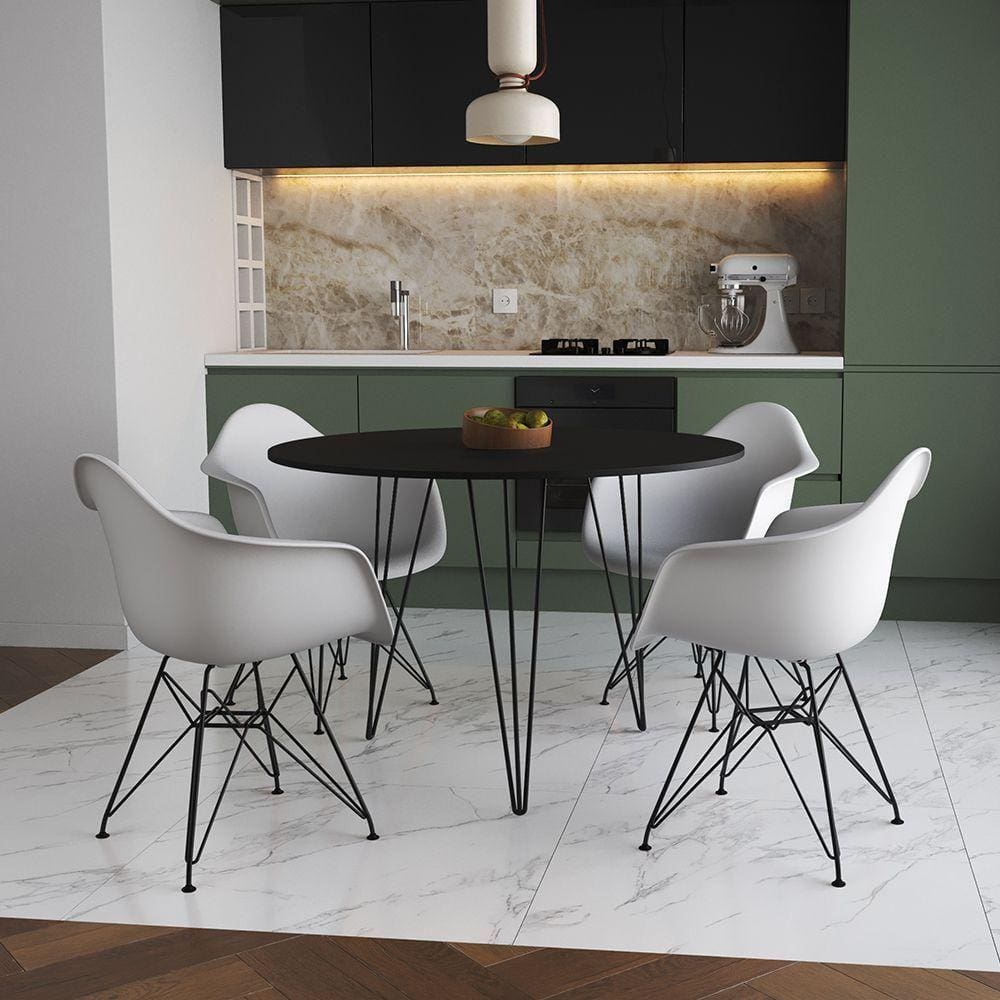 Mesa Jantar Redonda 110Cm Preta Clips 3 Pés Com 4 Poltronas Brancas Ferro Preto - Cor: Preto