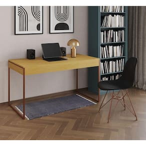 Escrivaninha Industrial Escritório Canela 137X53Cm Malta Com 1 Cadeira Preta Base Cobre Cor: Canela
