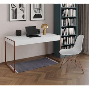 Escrivaninha Industrial Escritório Branca 137X53Cm Malta Com 1 Cadeira Branca Base Cobr Cor: Branco