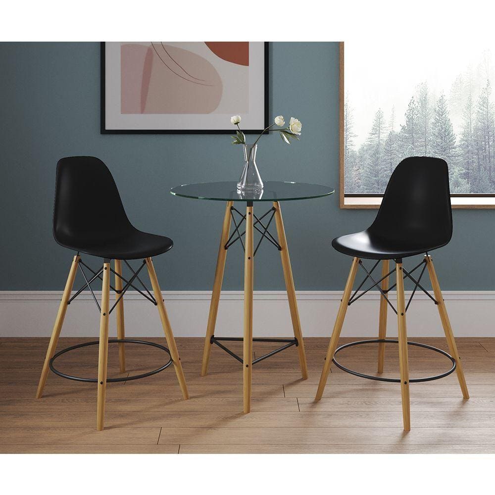 Mesa Bistrô Eames Eiffel Vidro Com 2 Banquetas Pretas De Madeira - Cor: Preto