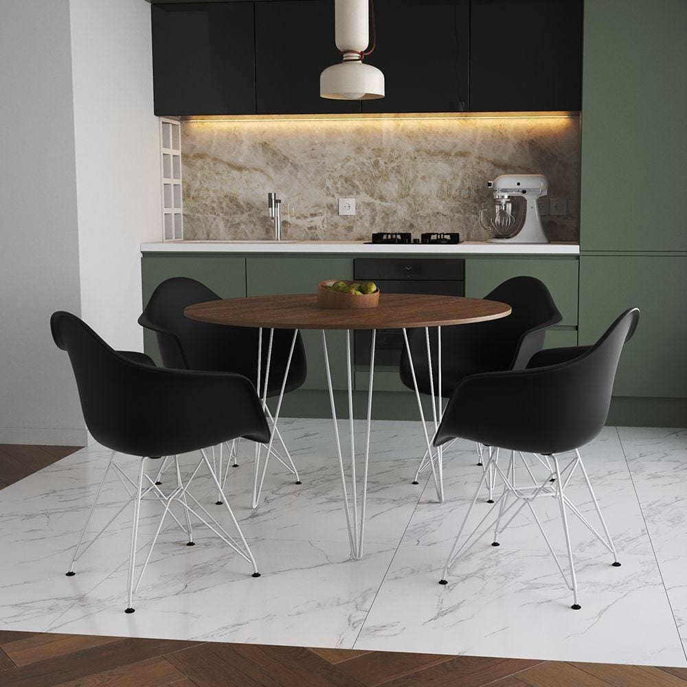 Mesa Jantar Redonda 90Cm Amêndoa Clips 3 Pés Com 4 Poltronas Pretas Ferro Branco - Cor: Amendoa