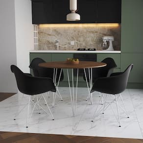 Mesa Jantar Redonda 90Cm Amêndoa Clips 3 Pés Com 4 Poltronas Pretas Ferro Branco - Cor: Amendoa