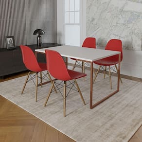 Mesa Industrial Base Ferro Cobre Tampo 137X90 Branco 4 Cadeiras Madeira Assento Vermelho Branco