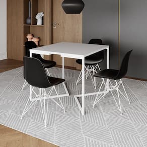 Mesa Industrial Quadrada Jantar Branca 90Cm Base V Com 4 Cadeiras Pretas Ferro Branco Cor: Branco