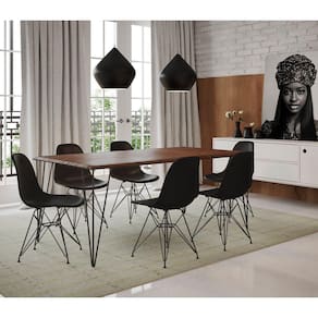 Mesa Sala De Jantar Industrial Amêndoa 135X75 Com 6 Cadeiras Pretas De Ferro Preto Cor: Preto