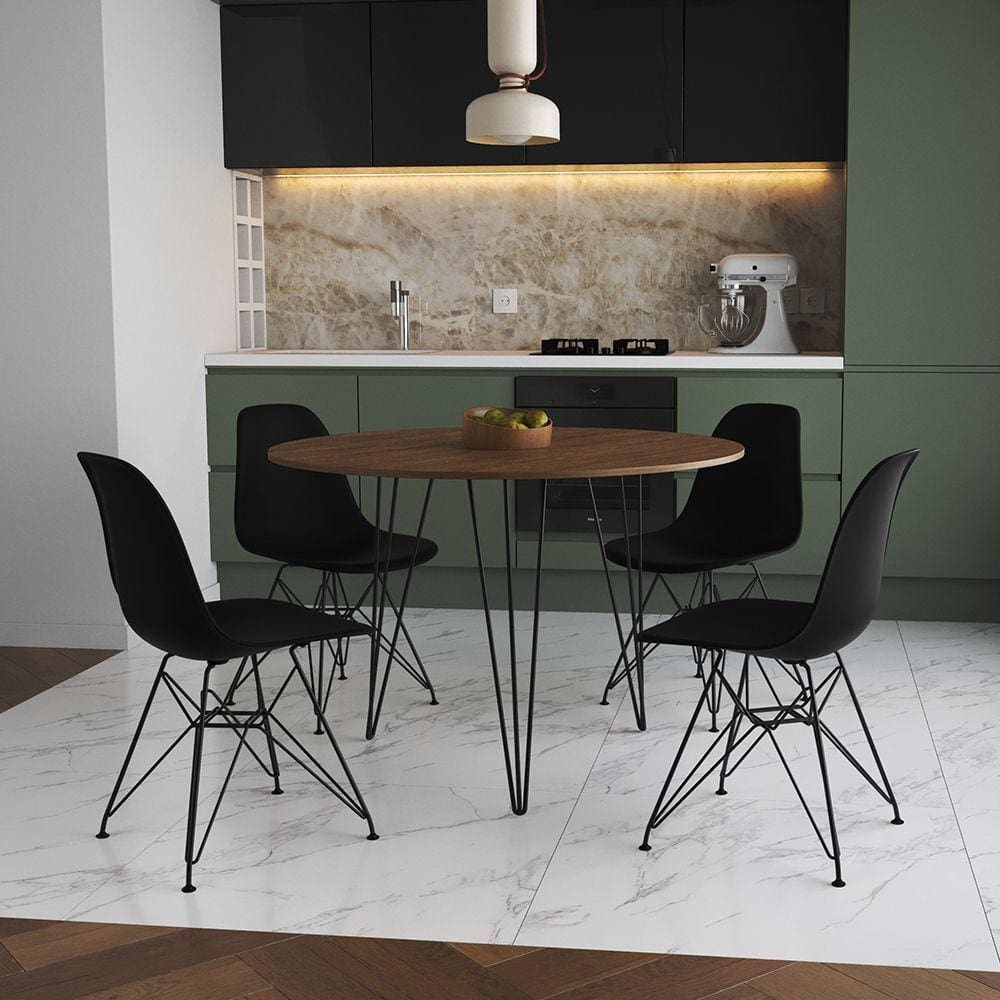Mesa Jantar Redonda 110Cm Amêndoa Clips 3 Pés Com 4 Cadeiras Pretas Ferro Preto - Cor: Amendoa