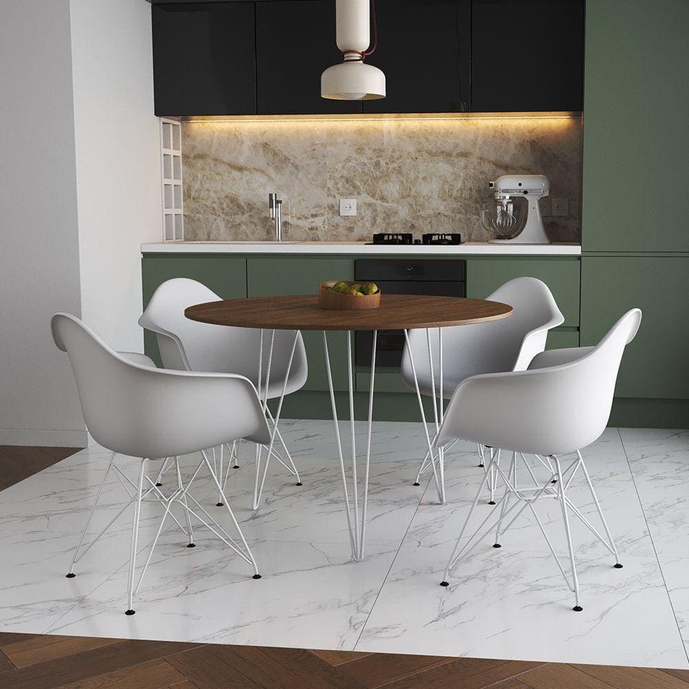Mesa Jantar Redonda 90Cm Amêndoa Clips 3 Pés Com 4 Poltronas Brancas Ferro Branco - Cor: Amendoa