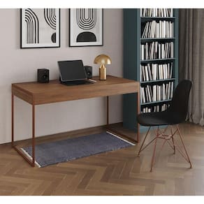 Escrivaninha Industrial Escritório Amêndoa 137X53Cm Malta Com 1 Cadeira Preta Base Cobr Cor: Amendoa