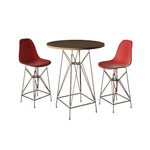 Jogo Mesa Bistrô Eames Tampo Amêndoa 60Cm 2 Banquetas Vermelha Base Ferro Cobre - Cor: Amendoa