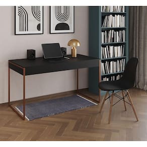 Mesa De Escritório Industrial Malta Preta 137X53Cm Base Cobre Com 1 Cadeira Preta Madei Cor: Preto