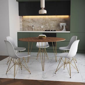 Mesa Jantar Redonda 110Cm Amêndoa Clips 3 Pés Com 5 Cadeiras Brancas Base Dourada - Cor: Amendoa