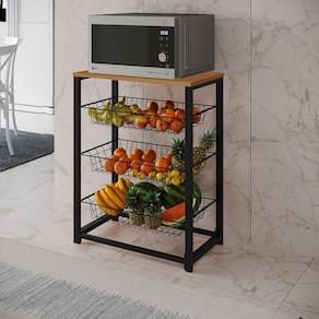 Fruteira Com Suporte Para Micro-Ondas Barcelona Aço Preto Cesto Preto Tampo Canela Cor: Canela