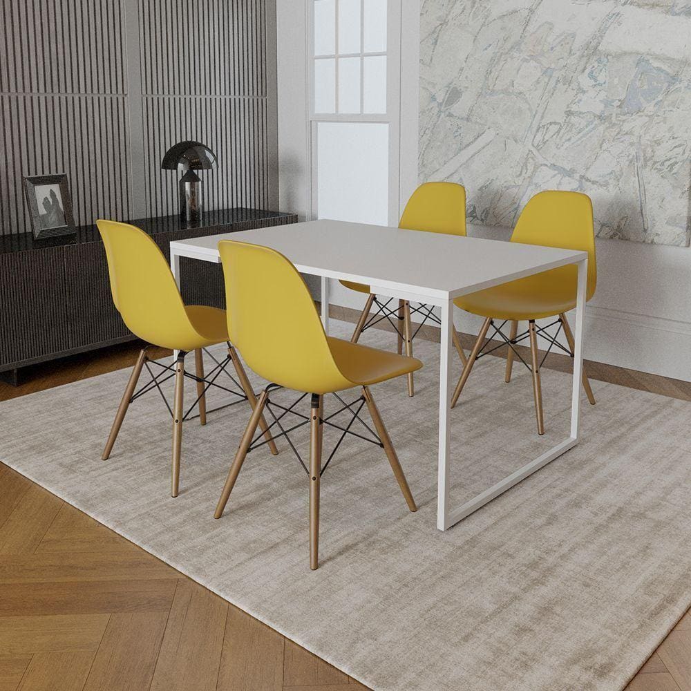 Mesa Industrial Base Ferro Branco Tampo 137X90 Branco 4 Cadeiras Madeira Assento Amarelo