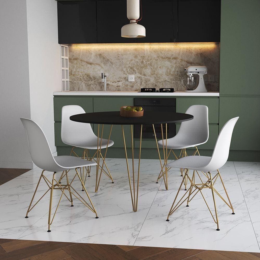 Mesa De Jantar Redonda 90Cm Preta Clips 3 Pés Com 4 Cadeiras Brancas Base Dourada Cor: Preto