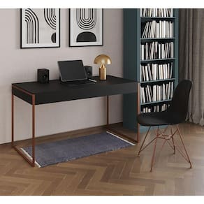 Escrivaninha Industrial Escritório Preta 137X53Cm Malta Com 1 Cadeira Preta Base Cobre Cor: Preto