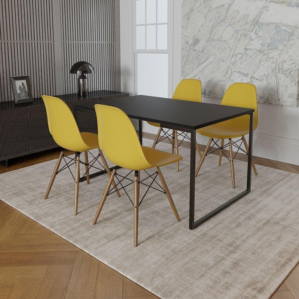 Mesa Industrial Base De Ferro Preto Tampo 137X90 Preto 4 Cadeiras Madeira Assento Amarelo Preto