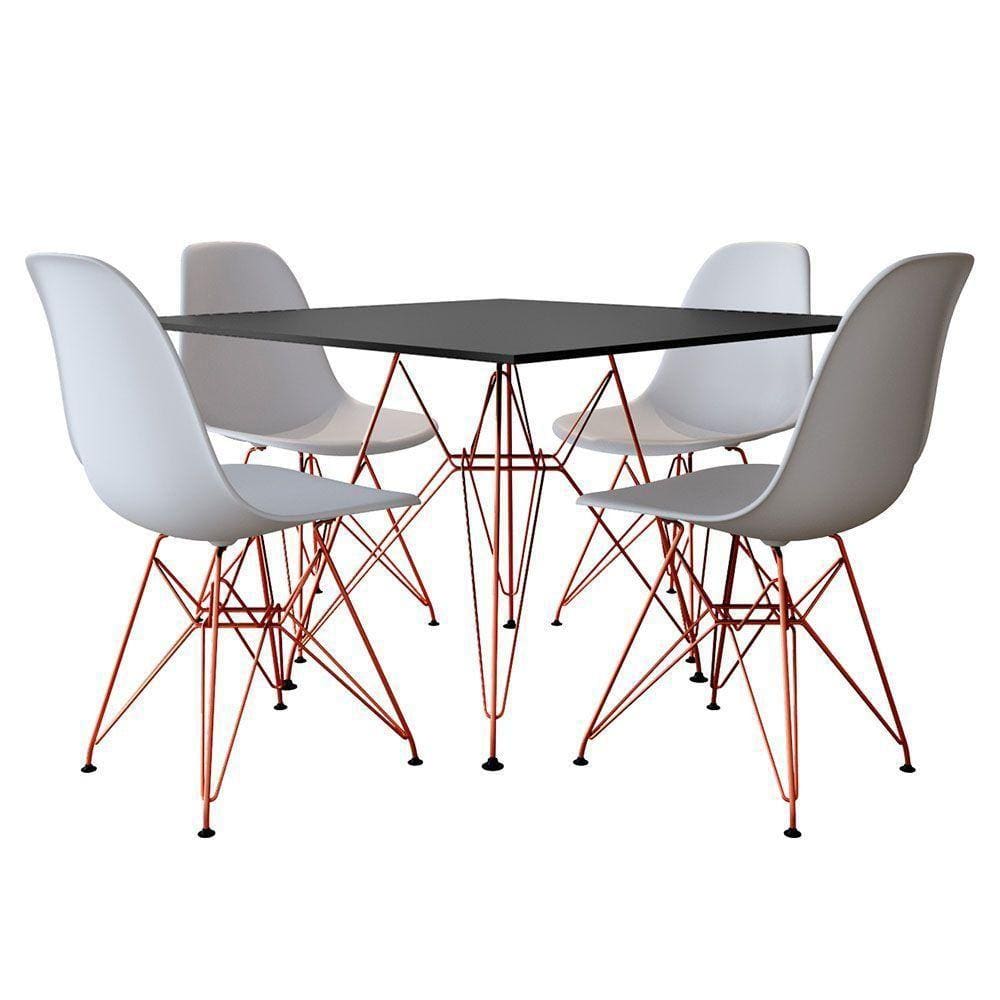 Mesa De Jantar Quadrada Preta 90Cm Com 4 Cadeiras Brancas Base Ferro Cobre Cor: Preto