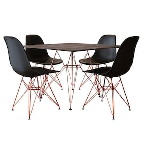 Mesa Jantar Quadrada Com 4 Cadeiras Pretas Base De Ferro Cobre Tampo Amêndoa 90Cm Cor: Marrom