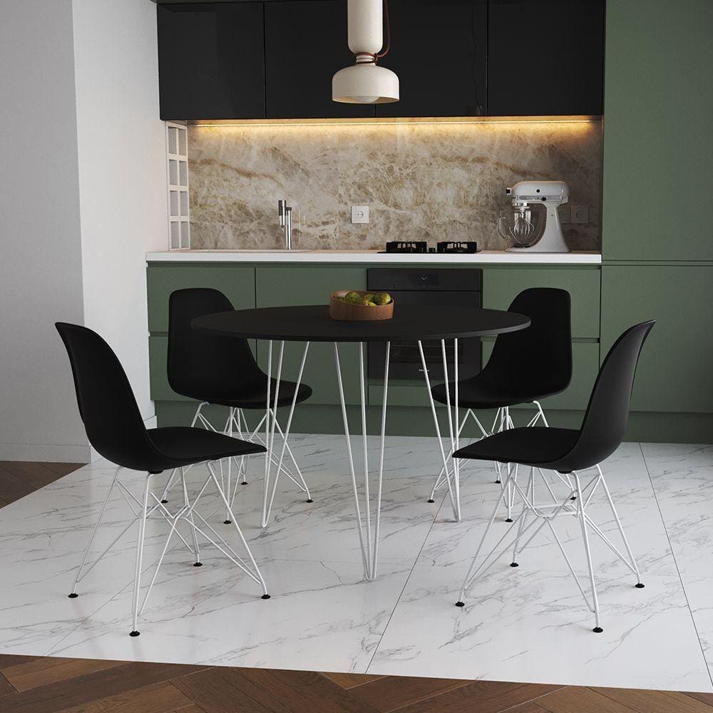Mesa De Jantar Redonda 90Cm Preta Clips 3 Pés Com 4 Cadeiras Pretas Ferro Branco Cor: Preto