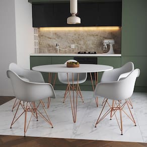 Mesa Jantar Redonda 110Cm Branca Clips 3 Pés Com 5 Poltronas Brancas Base Cobre - Cor: Branco