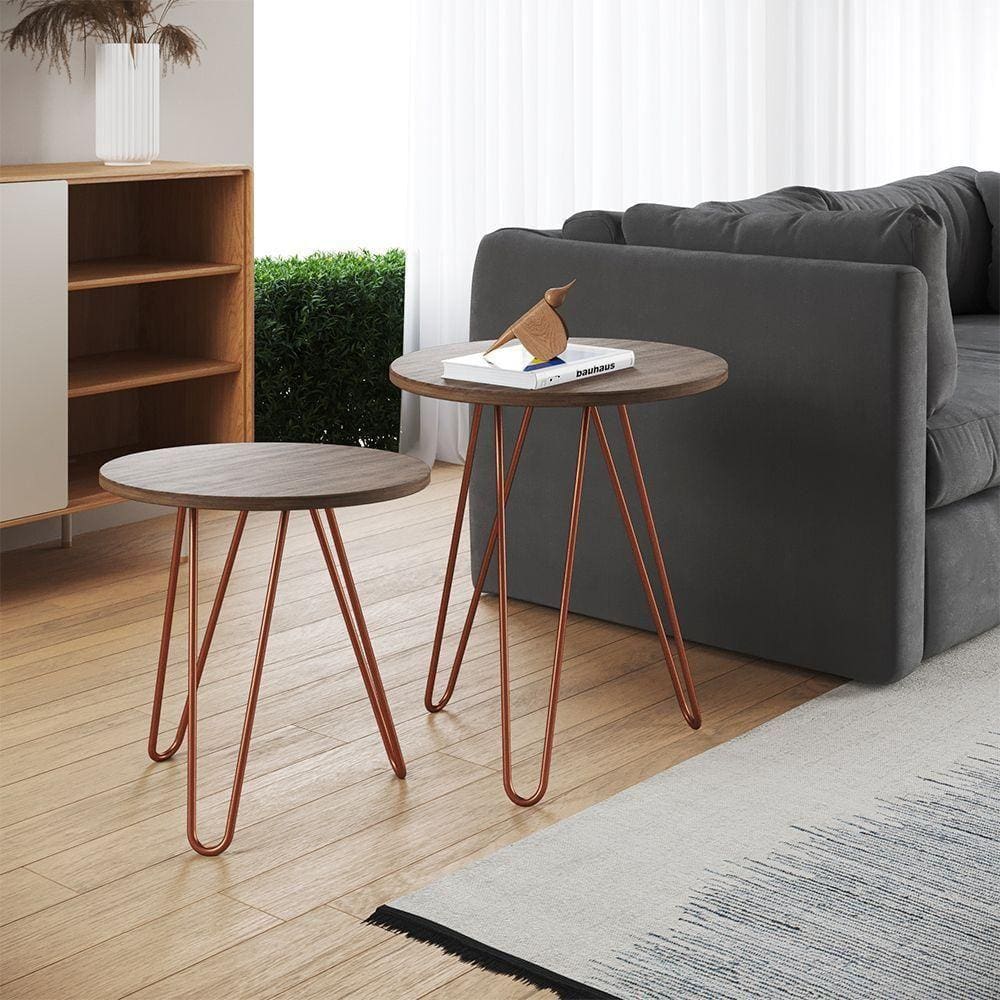 Mesa De Lateral Duo Lisboa Ferro Cobre Tampo Amêndoa Cor: Marrom