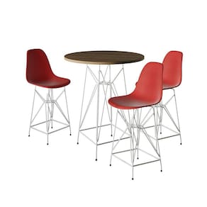 Jogo Mesa Bistrô Eames Tampo Amêndoa 60Cm 3 Banquetas Vermelha Base Ferro Branco - Cor: Amendoa