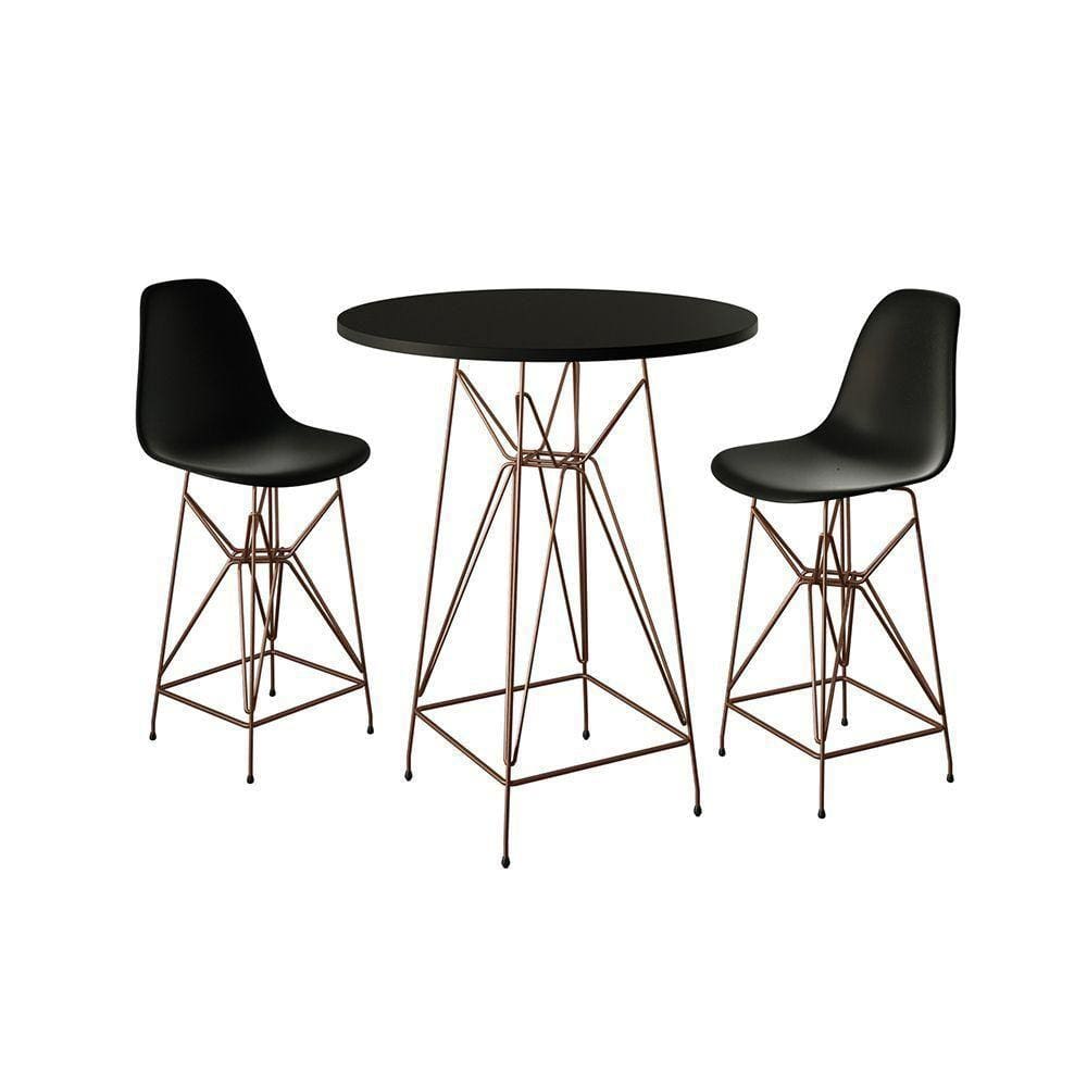 Jogo Mesa Bistrô Eames Preta 60Cm 2 Banquetas Preta Base Ferro Cobre - Cor: Preto