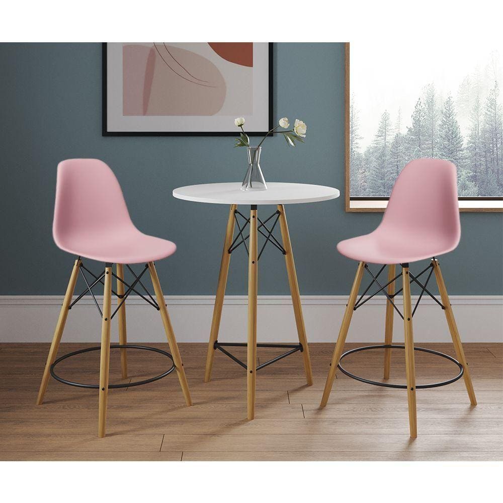 Mesa Bistrô Eames Eiffel Branca Com 2 Banquetas Rosas De Madeira - Cor: Branco