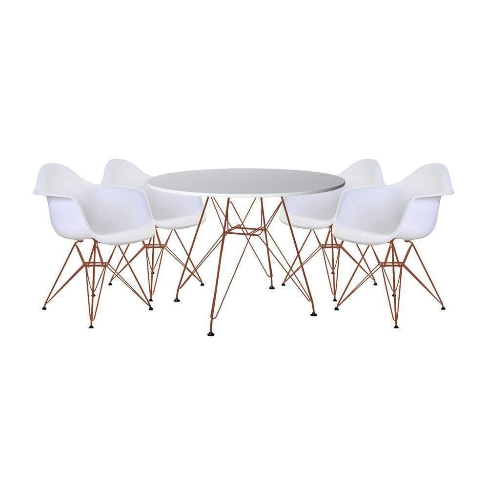 Mesa De Jantar Redonda 90Cm Branca Com 4 Poltronas Brancas Ferro Cobre Cor: Preto