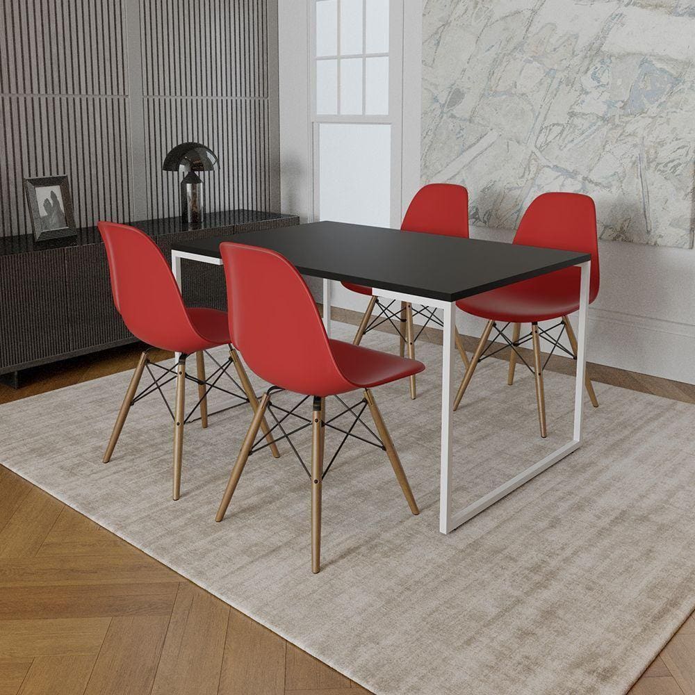 Mesa Industrial Base Ferro Branco Tampo 137X90 Preto 4 Cadeiras Madeira Assento Vermelho Preto