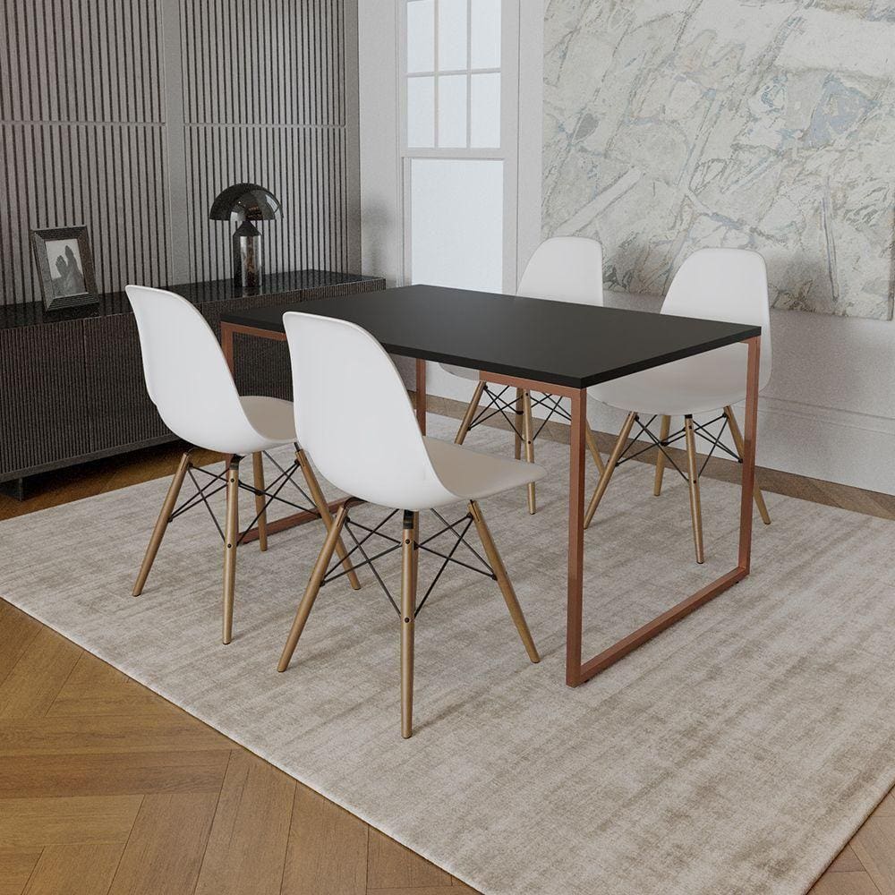 Mesa Industrial Base Ferro Cobre Tampo 137X90 Preto 4 Cadeiras Madeira Assento Branco Preto