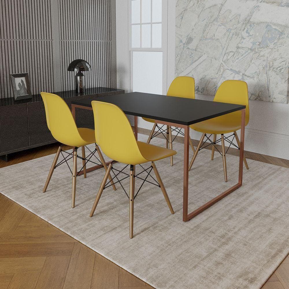Mesa Industrial Base Ferro Cobre Tampo 137X90 Preto 4 Cadeiras Madeira Assento Amarelo Preto