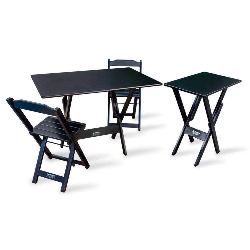 Jogo De Mesa Dobrável 1,10x70 Com 2 Cadeiras E Mesa Aparador Preto Cor: Preto