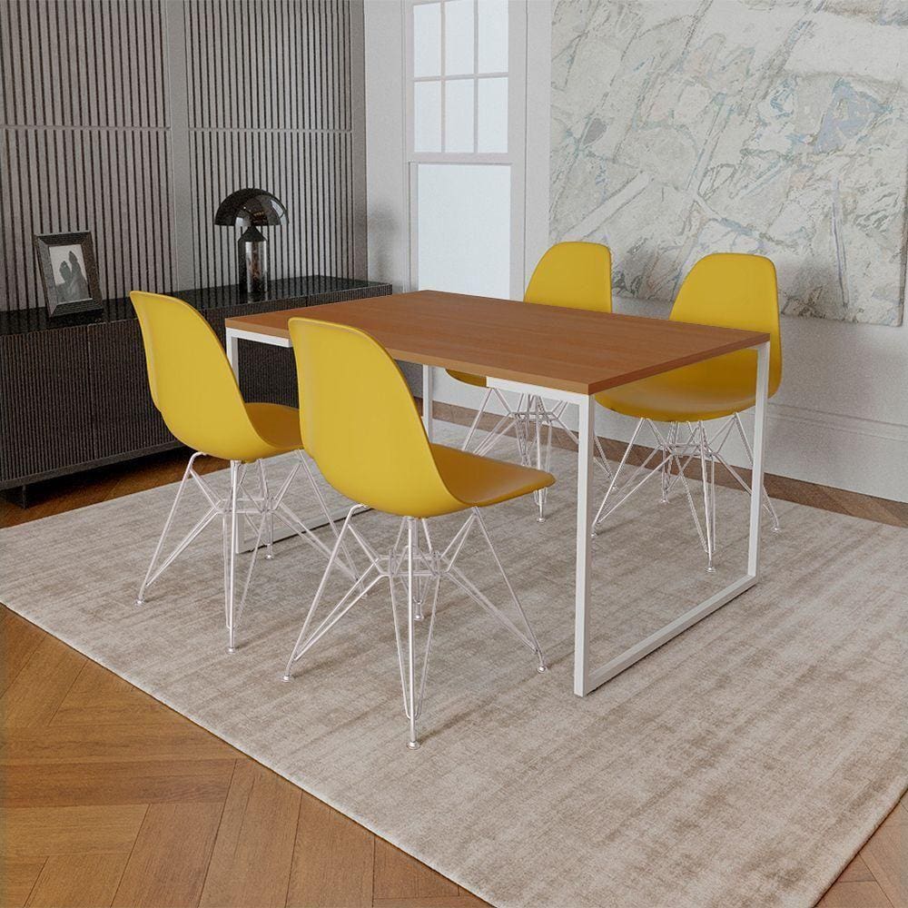 Mesa Industrial Base Ferro Branco Tampo 137X90 Canela 4 Cadeiras Ferro Branco Assento Amarelo Marrom