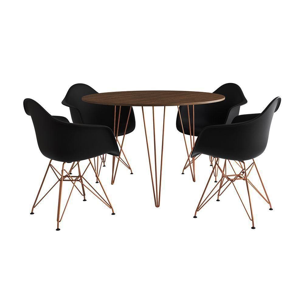 Mesa Jantar Redonda 90Cm Amêndoa Clips 3 Pés Com 4 Poltronas Pretas Base Cobre - Cor: Amendoa