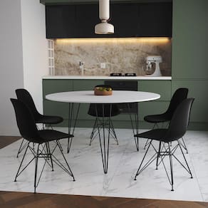 Mesa Jantar Redonda 110Cm Branca Clips 3 Pés Com 5 Cadeiras Pretas Ferro Preto - Cor: Branco