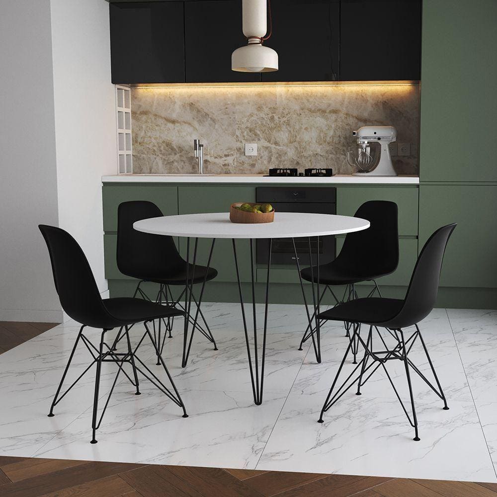 Mesa Jantar Redonda 110Cm Branca Clips 3 Pés Com 4 Cadeiras Pretas Ferro Preto - Cor: Branco