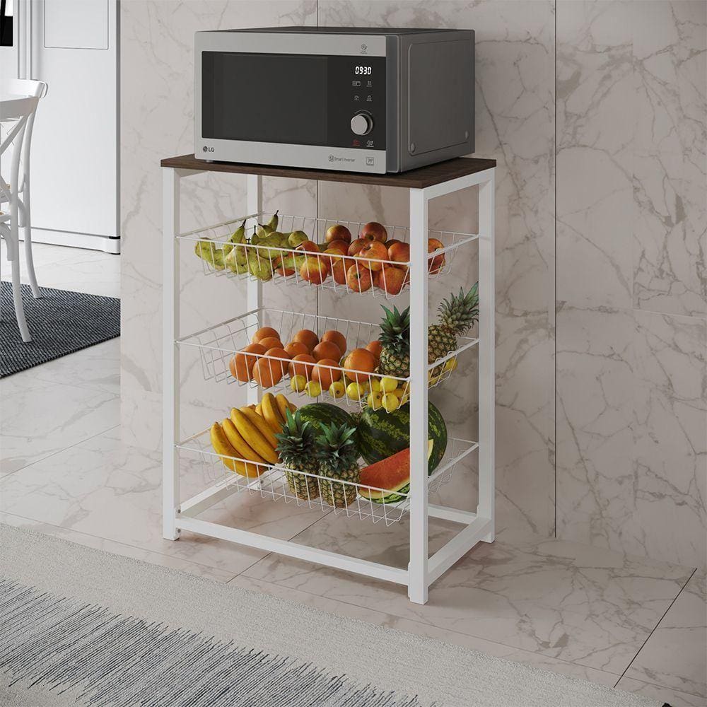 Fruteira Com Suporte Para Micro-Ondas Barcelona Aço Branco Cesto Branco Tampo Amêndoa Cor: Branco