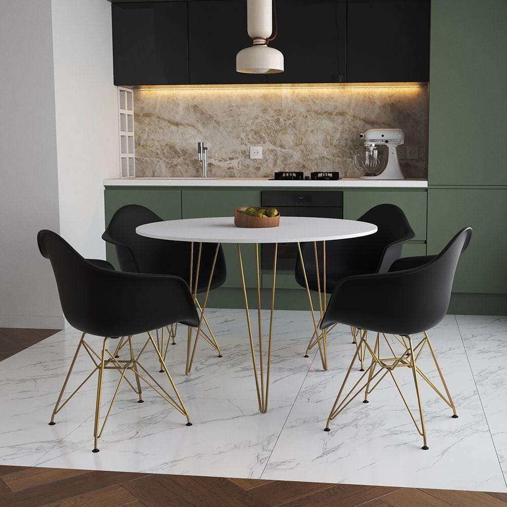 Mesa Jantar Redonda 110Cm Branca Clips 3 Pés Com 4 Poltronas Pretas Base Dourada - Cor: Branco