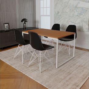 Mesa Industrial Base Ferro Branco Tampo 137X90 Canela 4 Cadeiras Ferro Branco Assento Preto Marrom