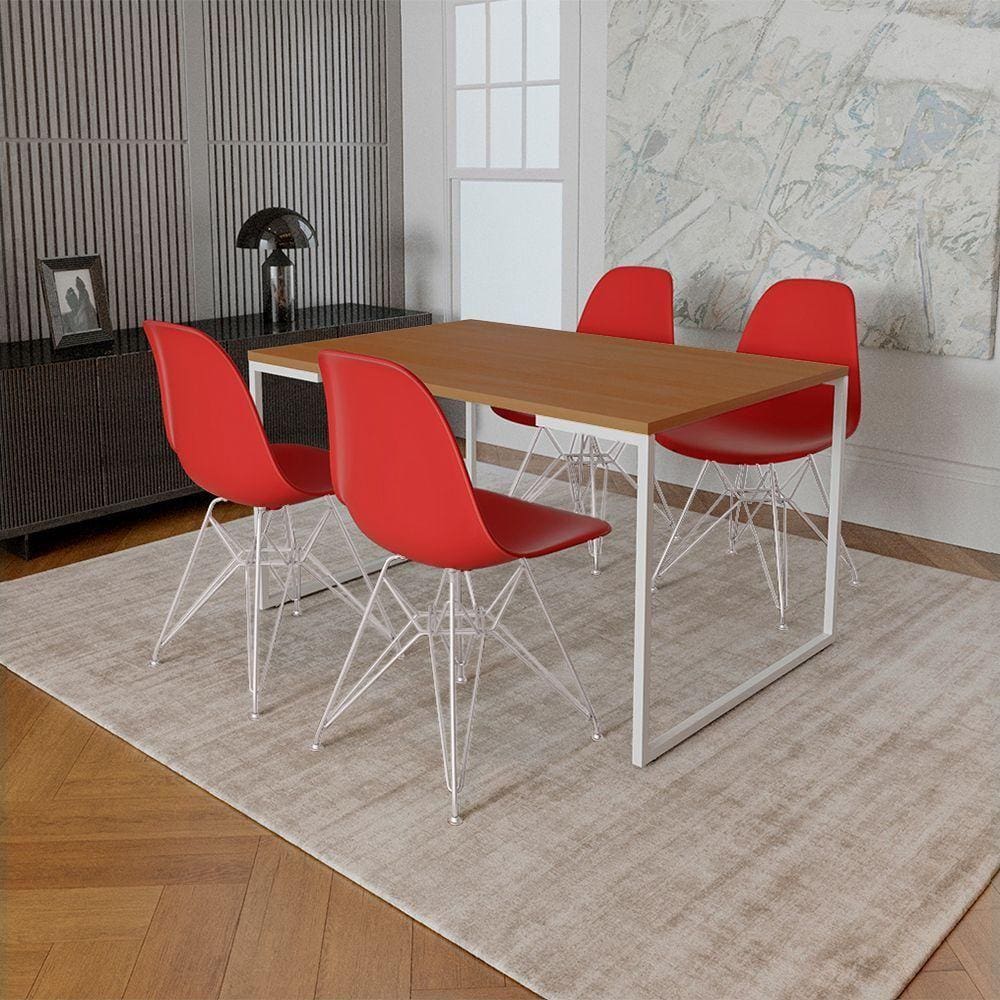 Mesa Industrial Base Ferro Branco Tampo 137X90 4 Cadeiras Ferro Branco Assento Vermelho Marrom