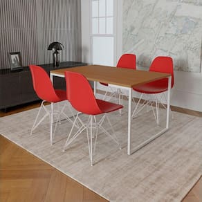 Mesa Industrial Base Ferro Branco Tampo 137X90 4 Cadeiras Ferro Branco Assento Vermelho Marrom