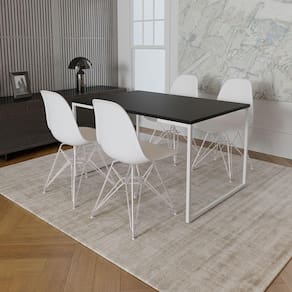 Mesa Industrial Base Ferro Branco Tampo 137X90 Preto 4 Cadeiras Ferro Branco Assento Branco Preto