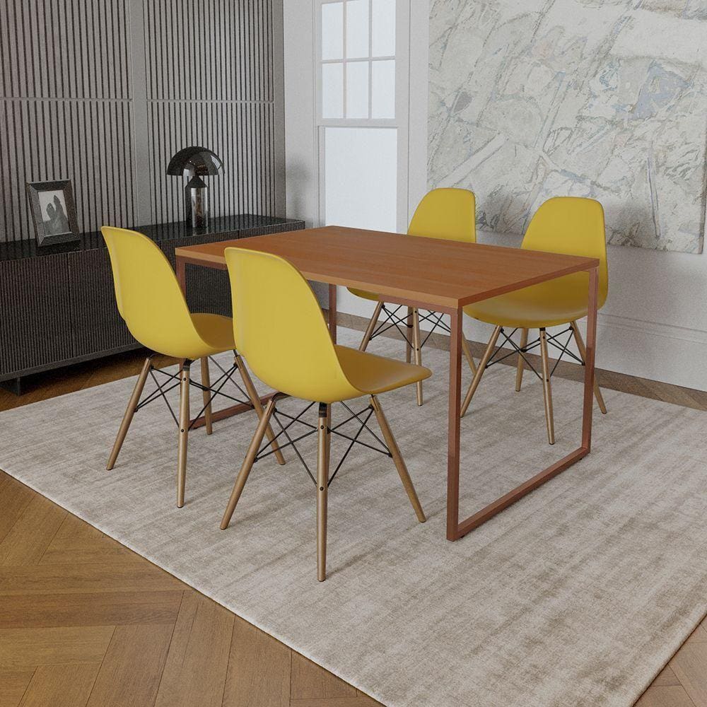 Mesa Industrial Base Ferro Cobre Tampo 137X90 Canela 4 Cadeiras Madeira Assento Amarelo Marrom