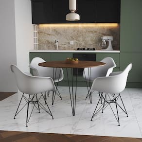 Mesa Jantar Redonda 110Cm Amêndoa Clips 3 Pés Com 4 Poltronas Brancas Ferro Preto - Cor: Amendoa
